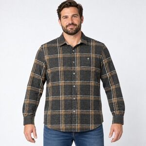 Flag & Anthem MadeFlex Flannel Shirt Men's XL Gray Tan Plaid Stretch